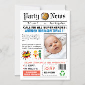 Newspaper Superhero Birthday Party Foto Magneteinladung (Vorderseite)