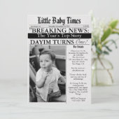 Newspaper Unique Fun Photo Boy 1st Birthday Party Einladung (Stehend Vorderseite)