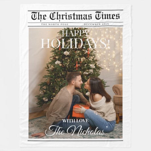 Newspaper What A Year Black White Photo Christmas Fleecedecke (Vorderseite)