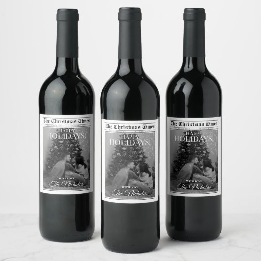 Newspaper What A Year Black White Photo Christmas Weinetikett (Flaschen)