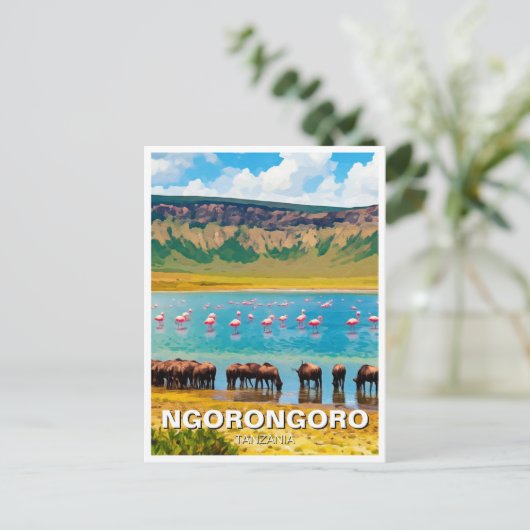 Ngorongoro Tansania Wildebeest Flamingo Postkarte (Stehend Vorderseite)