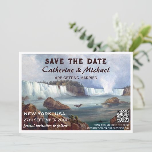 Niagara Falls New York Travel QR Code Save The Date (Stehend Vorderseite)