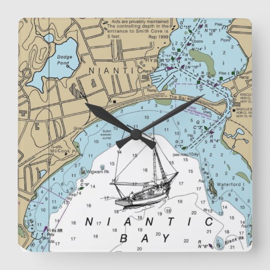 Niantic Bay CT Chart Quadratische Wanduhr (Vorderseite)