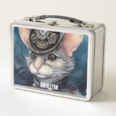 Nibbleton Steampunk cat individuelle Name Metall Brotdose (Vorderseite)