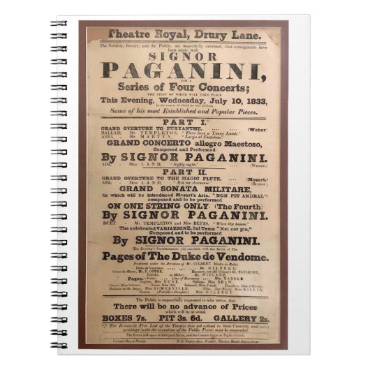 Niccolò Paganini Konzertposter Drury Lane London Notizblock (Vorderseite)