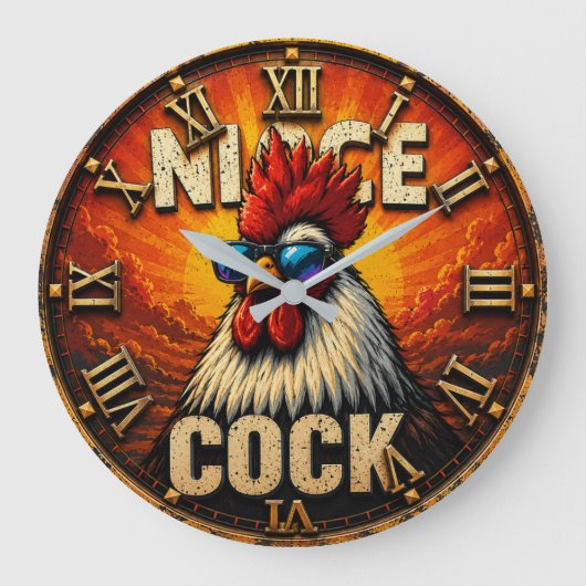 Nice Funny Rooster Rustic Farmhouse Chicken Große Wanduhr (Vorderseite)