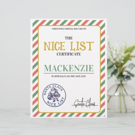Nice List Certificate Signed by Santa Personalized (Stehend Vorderseite)