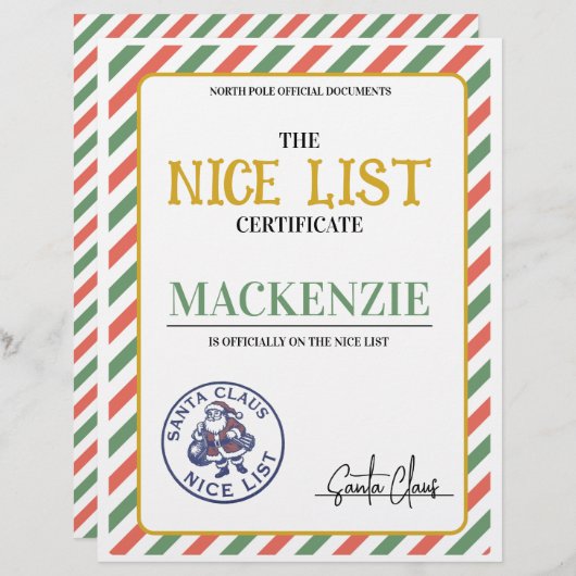 Nice List Certificate Signed by Santa Personalized (Vorne/Hinten)