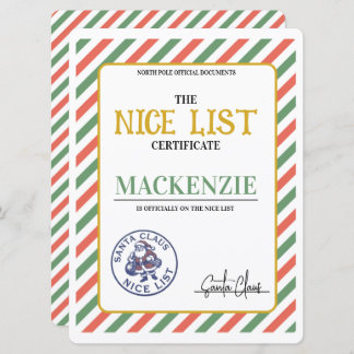 Nice List Certificate Signed by Santa Personalized Feiertagskarte