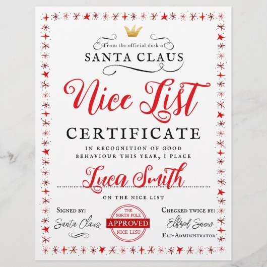Nice List Weihnachtszertifikat (Vorderseite)