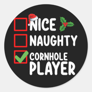 Nice Naughty Cornhole Player Weihnachtsliste Runder Aufkleber