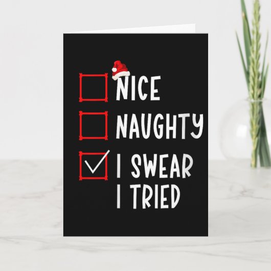 Nice Naughty I Swear I Tried Funny Christmas List Karte (Vorderseite)