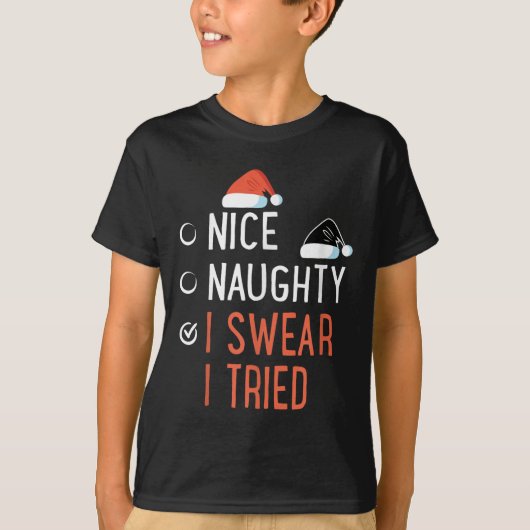 Nice Naughty I Swear I Tried Santa List Funny Chri T-Shirt (Vorderseite)