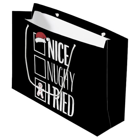 Nice Naughty I Tried Santa's Naughty List Xmas Große Geschenktüte (Vorderseite Schrägansicht)