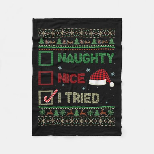 Nice Naughty I Tried Ugly Sweater Red Plaid Christ Fleecedecke (Vorderseite)