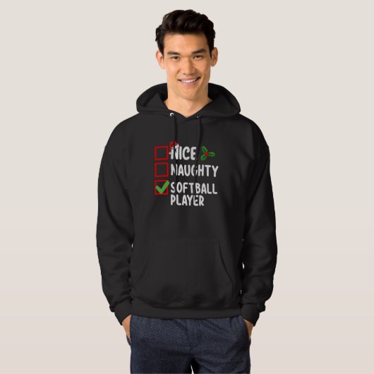 Nice Naughty Softball Player Weihnachtsliste Hoodie (Vorne ganz)