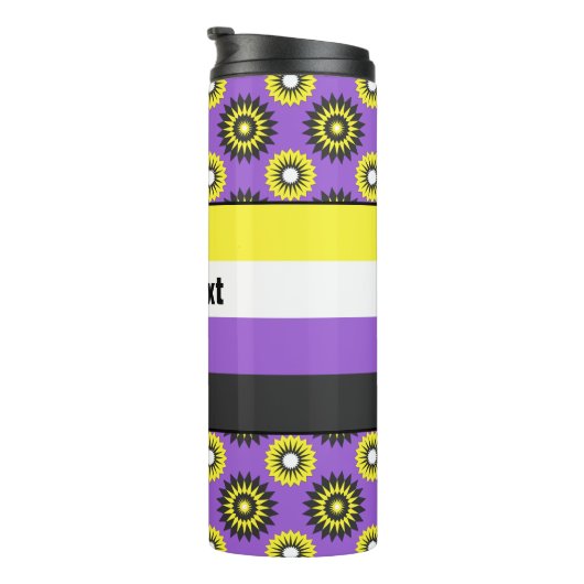Nicht binäre Strichflagge mit lila Blume Thermosbecher (Nach rechts gedreht)