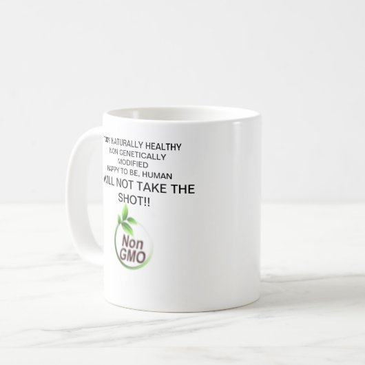 Nicht gentechnisch veränderte, gesunde und glückli kaffeetasse (Vorderseite Links)