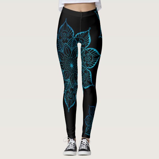 Nicht zentrierte Aquamarine Imitate Glitzer Mandal Leggings (Vorderseite)
