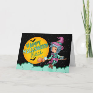 Nichte halloween card mit niedlicher Hexe auf Bese Karte