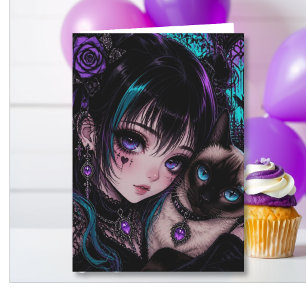 Nichten-Geburtstag   Anime-Mädchen und Katze Karte