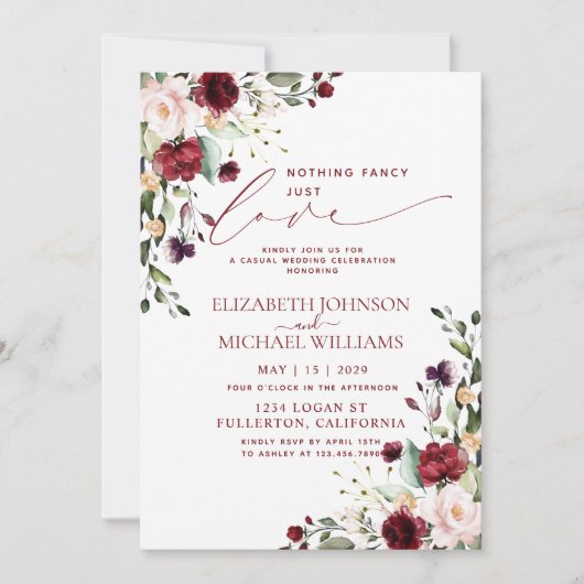 Nichts Extravagant nur Liebe Burgund Foto Hochzeit Einladung (Vorderseite)