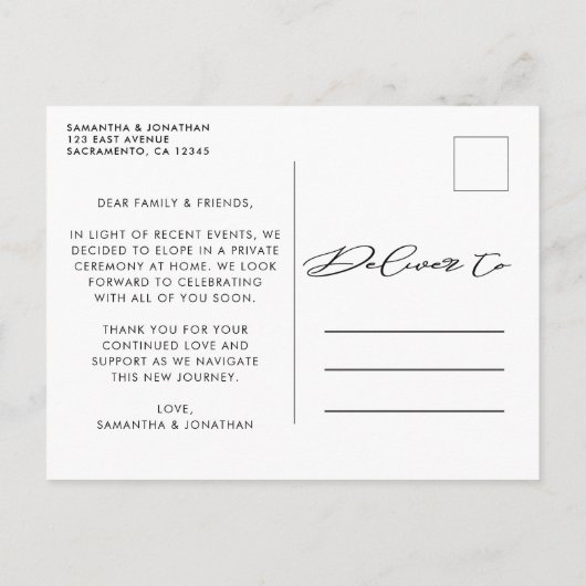 Nichts Extravagant, nur Liebe Elopement Foto Ankündigungspostkarte (Rückseite)