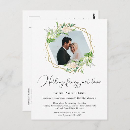 Nichts Extravagant nur Liebe Elopted Hochzeitsempf Postkarte (Vorne/Hinten)