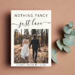 Nichts Extravagant nur Liebe Foto Hochzeit Empfang Einladung<br><div class="desc">Elegantes helles Creme-Ambiente oder kleine Hochzeitsankündigung und lässige Empfang-Einladung. Die Vorderseite zeigt Ihr Hochzeitstag Foto und "Nothing Extravagant Just Liebe" in einer Mischung aus einfachen Typografie und einem stilvollen Drehbuch mit Swashes. Fügen Sie unter Ihrem Foto Ihre Vornamen und Ihr Hochzeitsdatum oder Empfang ein. Auf der Rückseite personalisieren Sie Ihre...</div>