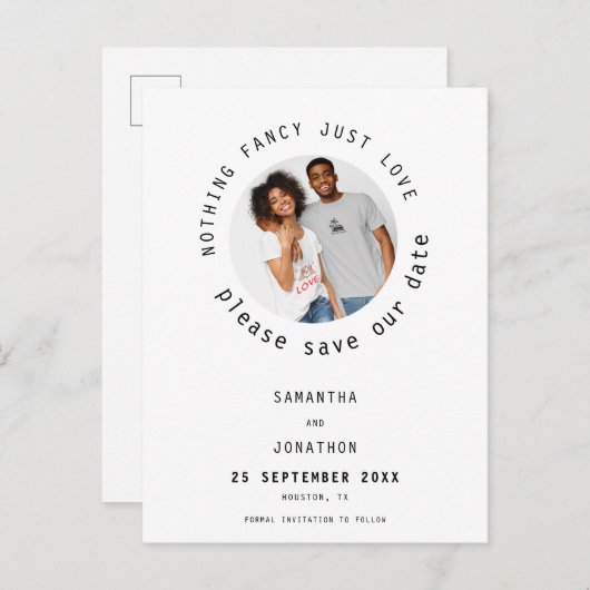 Nichts Extravagant nur Liebe Foto Save the Date Lä Ankündigungspostkarte (Vorne/Hinten)