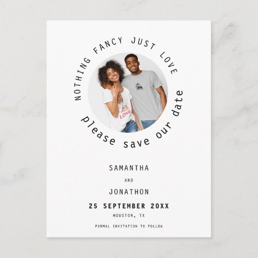 Nichts Extravagant nur Liebe Foto Save the Date Lä Ankündigungspostkarte (Vorderseite)