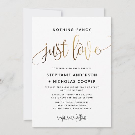 Nichts Extravagant nur Liebe Gold Script Typografi Einladung (Vorderseite)