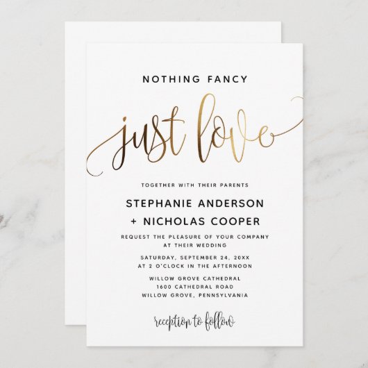 Nichts Extravagant nur Liebe Gold Script Typografi Einladung (Vorne/Hinten)