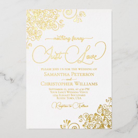 Nichts Extravagant nur Liebe Gold & White Wedding Folieneinladung (Vorderseite)