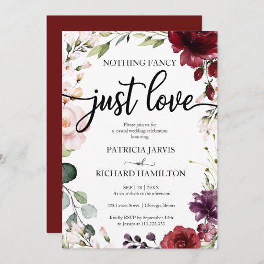 Nichts Extravagant nur Liebe Hochzeit Burgund Flor Einladung (Vorne/Hinten)