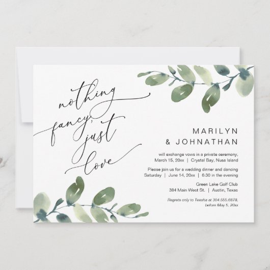 Nichts Extravagant, nur Liebe Hochzeitsessen Eukal Einladung (Vorderseite)