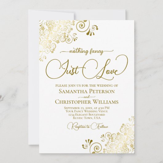 Nichts Extravagant nur Liebe Lacy Gold & White Wed Einladung (Vorderseite)