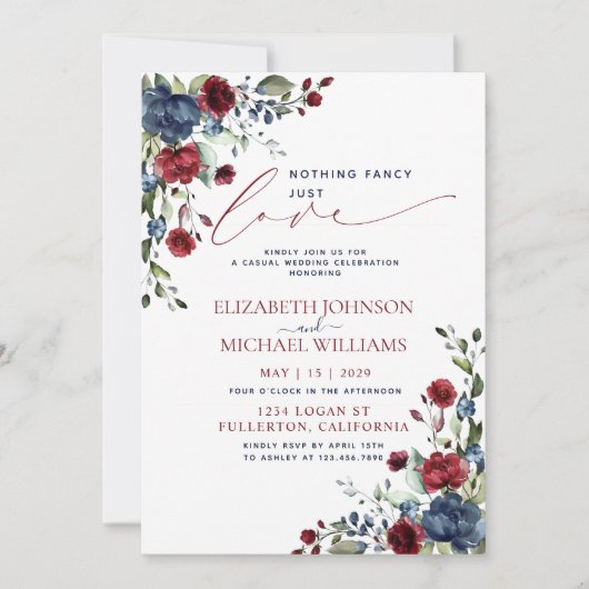 Nichts Extravagant nur Liebe Navy Blue Burgundy Einladung (Vorderseite)