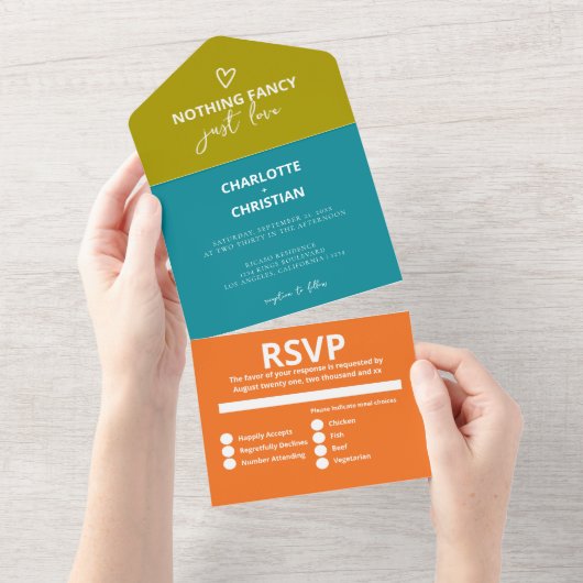 Nichts Extravagant nur Liebe Retro 70er Hochzeit All In One Einladung (Abreißen)