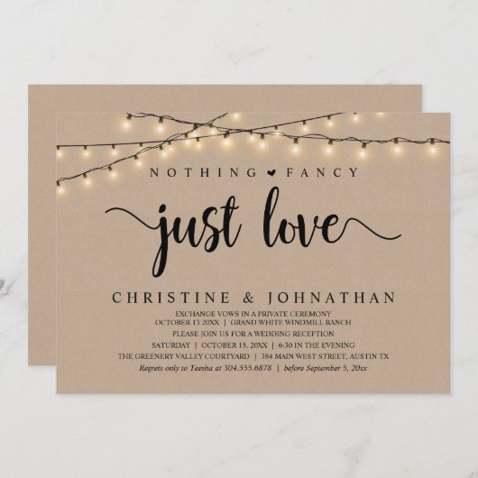 Nichts Extravagant nur Liebe, rustikales Hochzeits Einladung (Vorne/Hinten)