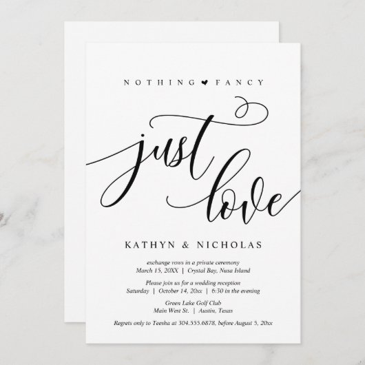 Nichts Extravagant, nur Liebe, Schwarz, Hochzeit Einladung (Vorne/Hinten)