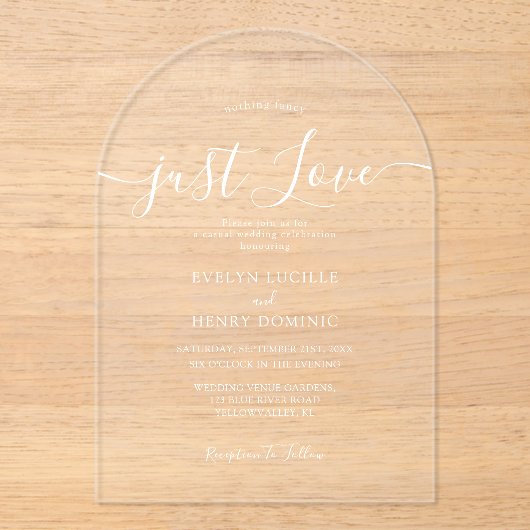 Nichts Extravagant nur Liebe Whimsical Script Hoch Acryleinladungen (Vorderseite)