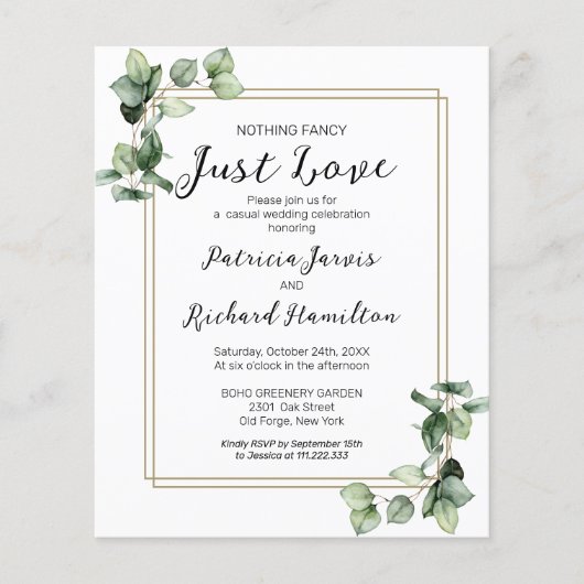 Nichts Extravagantes Grünbudget Einladung Hochzeit (Vorderseite)