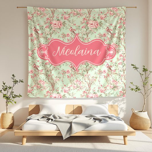 Nicolaina Pink und Mint Vintage Rose Fleecedecke