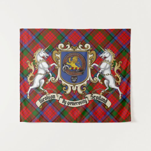 Nicolson Clan Abzeichen & Unicorns w/Tartan Wandteppich (Vorderseite (Horizontal))