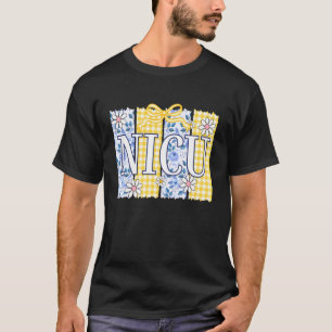 NICU Floral Blau Gelb Kariert Coquette Schleife PE T-Shirt