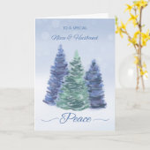 Niece and Husband Holiday Peace Evergreen Trees Karte (Gelbe Blume)