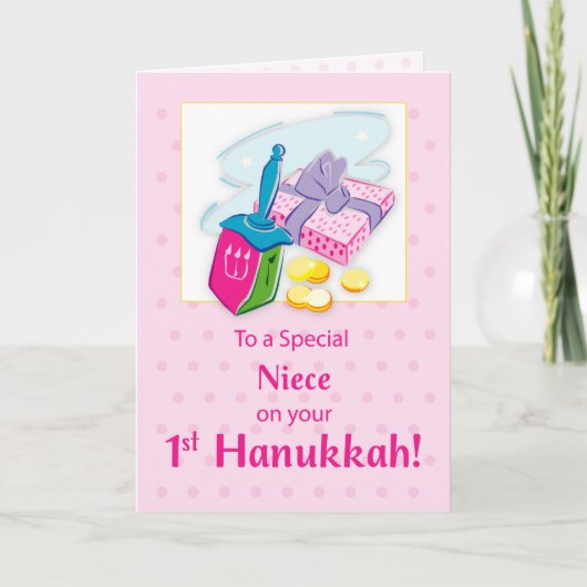 Niece First Hanukkah Blue mit Dreidel und Geschenk Karte (Vorderseite)