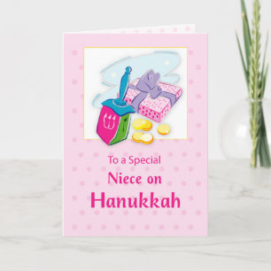 Niece Hanukkah Blue With Dreidel and Gifts Karte