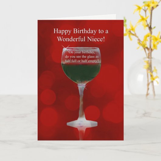 Niece Happy Birthday mit Glas Wein und Funny Karte (Gelbe Blume)